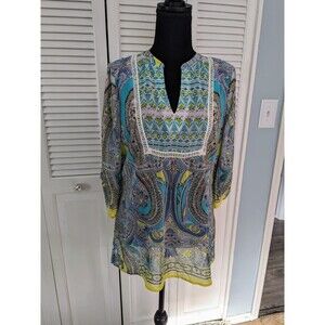 Fig & Flower Top Womens S Boho Sheer Paisley Yellow Aqua Tunic Crochet Peasant